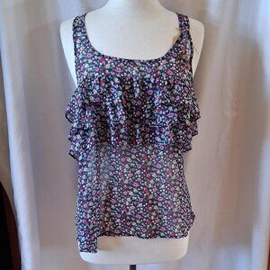 Express Floral Sparkle Semi Sheer Sleeveless Ruffle Blouse Blue Women's